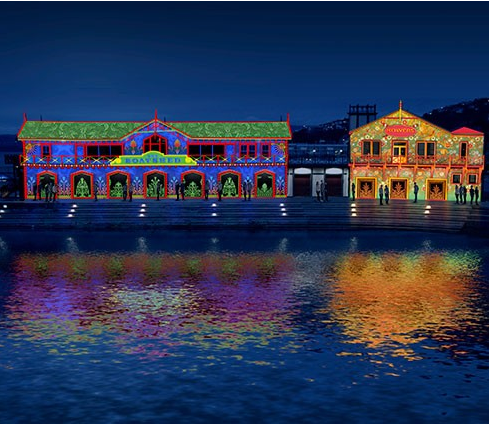 Artist's impression of the waterfront transformed with light and colour by Illuma
