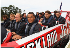 Thierry Dusautoir and the France IRB Rugby World Cup 2011 team enjoy jet-boating activity, October 13, 2011 in Auckland, New Zealand.