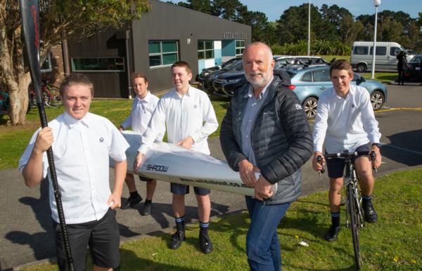 Aotea College has been given a major boost as recipients of this year's Kathmandu Coast to Coast Academy support package.  Mentor Judge Arthur Tompkins with Toby Devine (left) the kayaker in the staff team, while Axel af Klercker, Tom Gibbs and Ryan Tait will compete as the Aotea College school team