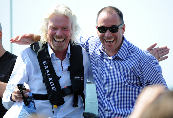 Sir Richard Branson and BNZ CEO Andrew Thorburn celebrate the launch of BNZ Presents - The Virgin Business Challenge with a boat race