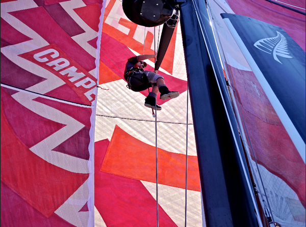 Up in the air - Mike Pammenter doing a rigging check on CAMPER.