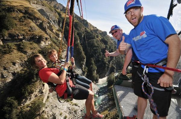 Fun for all ages - La Cavanagh and her 11 year old daughter Jette from Wanaka smile for the camera before launching into a Tandem Cliff Jump with Shotover Canyon Swing in Queenstown.  