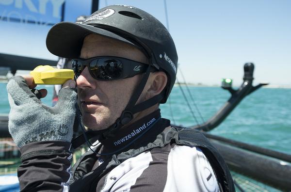 Emirates Team New Zealand tactician Ray Davies takes a bearing before the first day of racing in Venice.