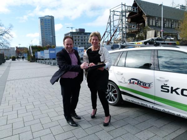 New Le Race owner Sheree Stevens and Christchurch City Councillor Glenn Livingstone check out the start line in Cathedral Square for Le Race being held on 21 March next year. The event will start in Cathedral Square for the first time since the regions devastating earthquakes. 