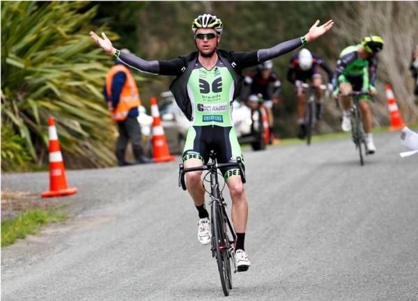 Tom Hubbard (Breads of Europe- All About Plumbing) won the elite race of the Benchmark Homes Cycling Series near Nelson today