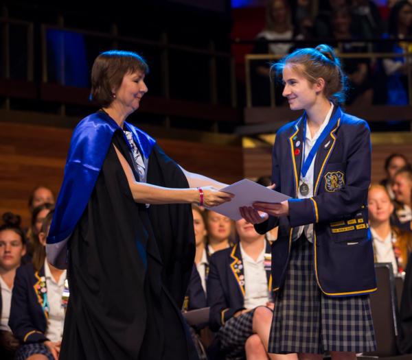Emily Davey receives her award as Dux for 2019