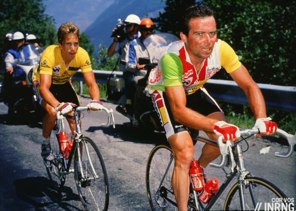 Greg LeMond locked in a battle with French teammate Bernard Hinault during the 1986 Tour de France  