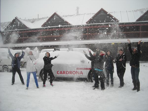 Cardrona staff celebrate the snowfall