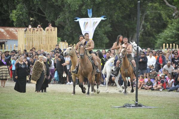 'Cowboys' from Tairawhiti (Gisborne) welcome competitors and officials including Maori King Tuheitia to Te Matatini o Te Ra 2011, Wai o Hika Estate, Gisborne yesterday 