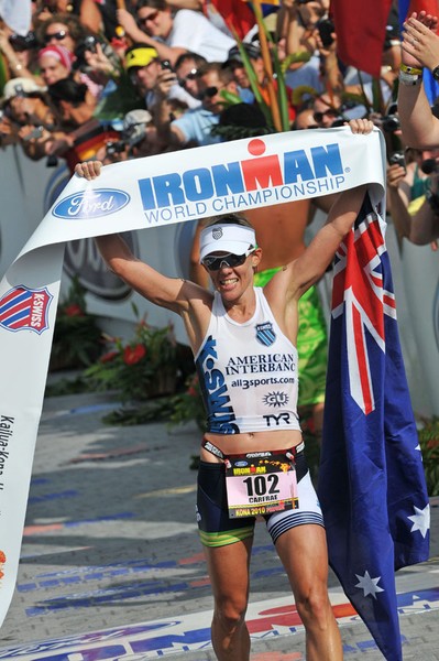 Australia's Mirinda Carfrae celebrates victory in the Ironman World Championship in Hawaii in October.
