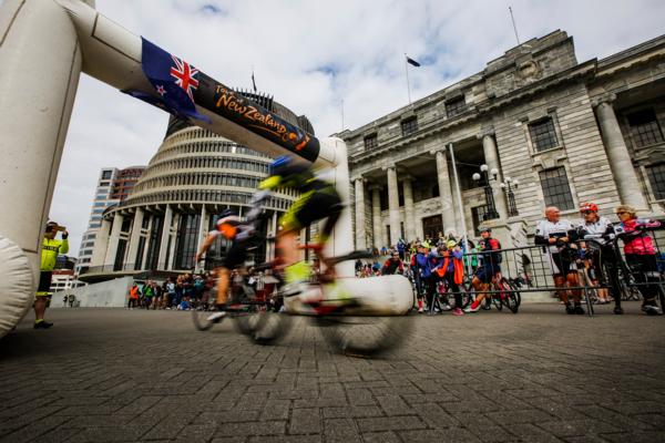 Riders taking on the final criterium race on the grounds Parliament in Wellington in the Tour of New Zealand