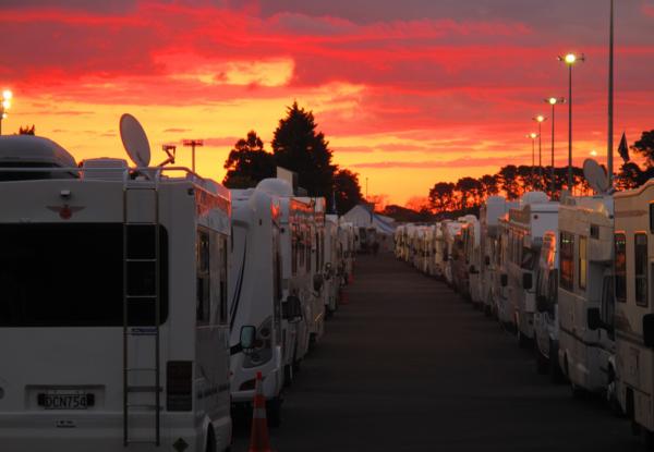 The sun sets on the 2012 New Zealand Motor Caravan Association National Rally held next door to the ASB Showground and the Covi Supershow in Alexandra Park.  It is expected to attract more than 700 vehicles this year.