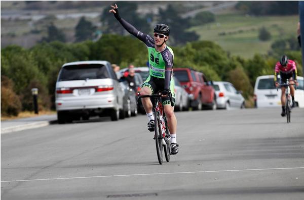 Dylan Kennett (Breads of Europe) winner of round three elite round of the Benchmark Homes Elite Cycling Series that finished in Kaikorua in May