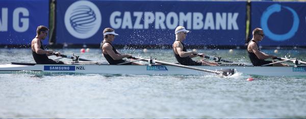 Duncan Grant, Graham Oberlin Brown, James Lassche and Curtis Rapley on their way to a B Final win and seventh overall on their international debut as a crew