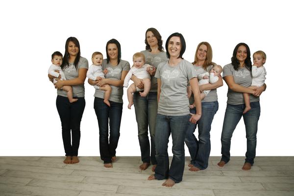 L-R: Ashlee Wahanui and baby Quinn,, Roseann Allan and baby Lilly, Sarah Taylor and baby Lucy, Breastmates owner Frances McInnes, Beverley Ashburner and baby Mollie, Rebecca Broadbent and baby Oliver 