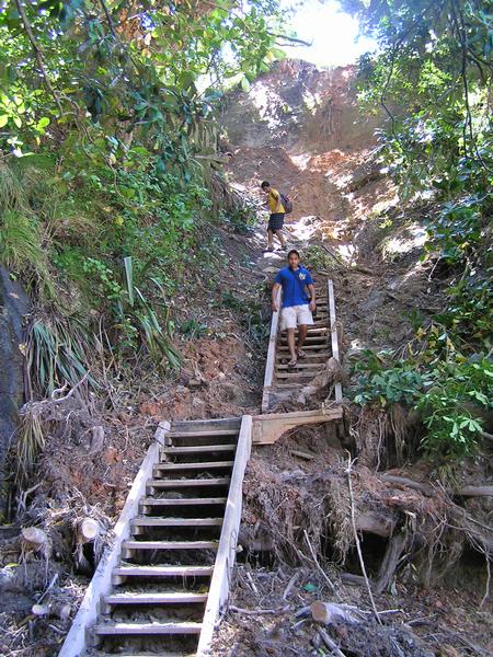 Tourists navigate the final descent into Cathedral Cove where a slip has washed out the track and stairs