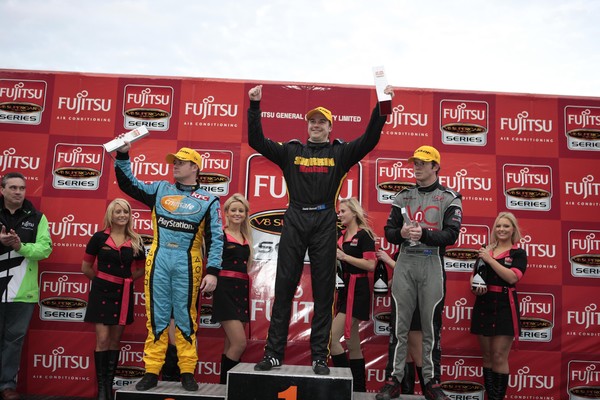 L to R: Grant Denyer, David Russell, Daniel Gaunt on the weekend podium for the Fujitsu V8 Supercar round held at the Norton 360 Sandown Challenge.