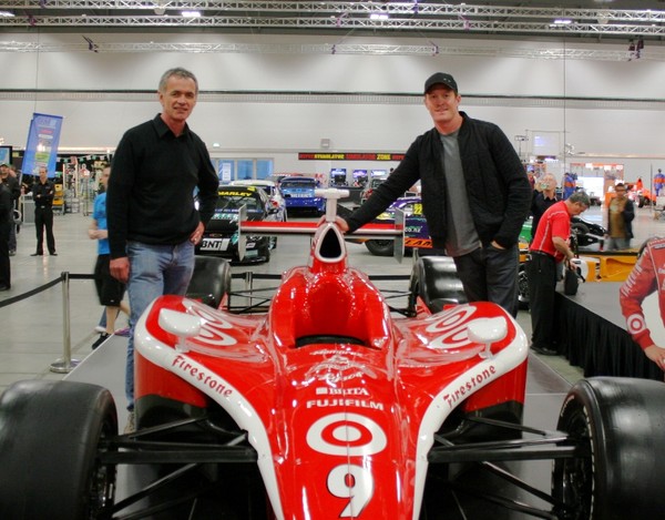 Speedshow organiser, Keith Sharp (left) with New Zealand racing star Scott Dixon (right) beside one of the cars he�s raced this season in which he won the Indy Racing League title for the second time and the famous Indy 500 race