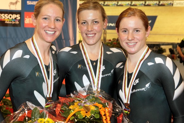 The women's trio of (from left) Alison Shanks, Rushlee Buchanan and Lauren Ellis after winning a bronze medal and setting a new world record in the 3000m team pursuit.