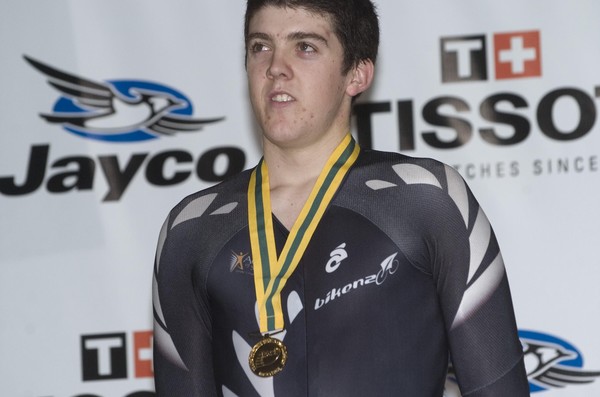 Invercargill teenager Tom Scully on the podium after winning the men's scratch race last night.