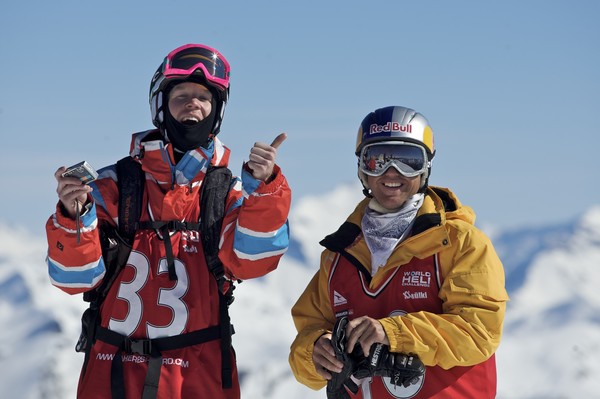 Australia's Chris Booth and Andrea Berchtold pretty stoked on the Big Mountain Day of the World Heli Challenge
