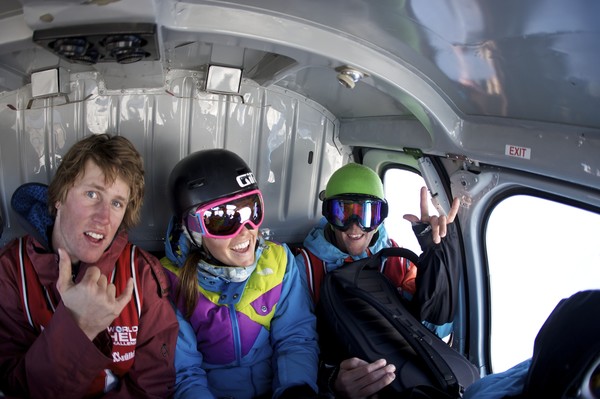 Russ Henshaw, Ingrid Backstrom and Quesntin Robbins in the helicopter at the World Heli Challenge