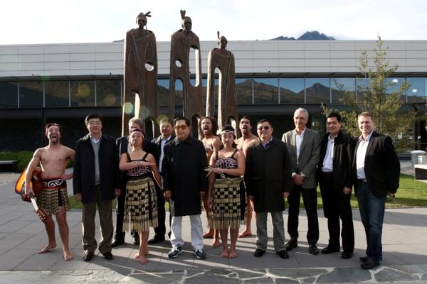 China Southern officials are welcomed by Queenstown's Kapa Haka Group and Mark Quickfall, Steve Sanderson and Glen Wedlock
