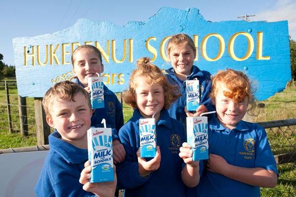  Kicking off Fonterra Milk for Schools at Hukerenui School near Dargaville are from left, Jack Milina, Kate Milina, Claire Donelley, Alice Donelley and Hannah Donelley