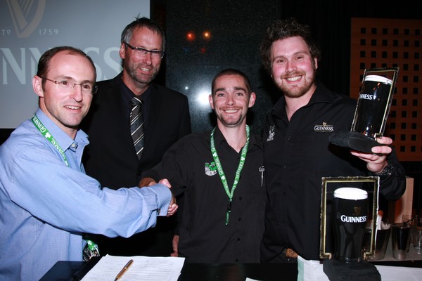 Lion Nathan Marketing Manager Adrian Hirst, MC Jeremy Corbett,the NZ Guinness Pint Masters, Ross Feeney and Jim Griffiths