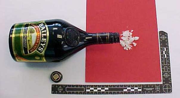 Crystal Methamphetamine concealed in Baileys bottles
