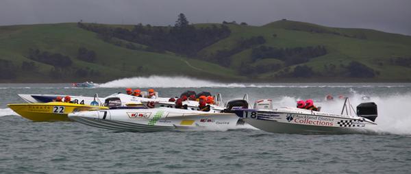 Start of the sixth race in the Rayglass NZ Offshore Powerboat Series at Marsden Cove