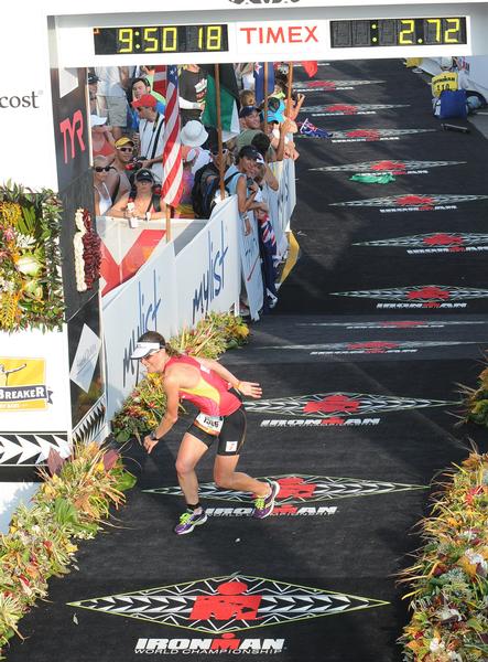Hilary Wicks (Auckland) celebrates after winning her age group at the ironman World Championship in Kona-Kailua, Hawaii today.