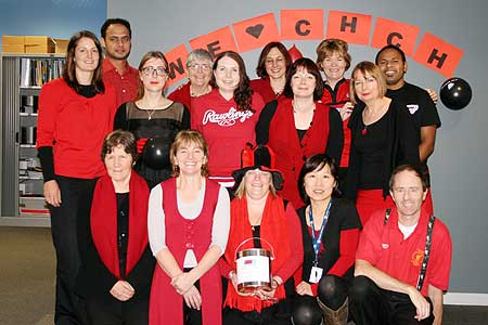 Wellington campus staff wearing red and black for the "Big Chip In for Christchurch"