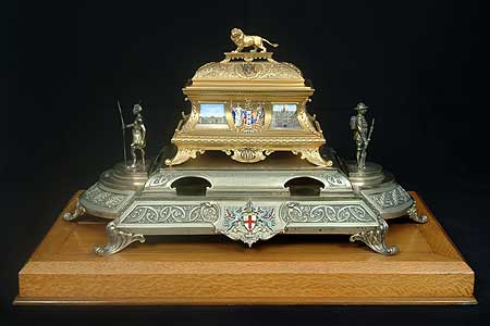 The London Casket and Stand, one of several gifts presented to former Prime Minister William Massey, now being exhibited in Christchurch.