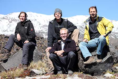 Members of the Volcanic Risk Solutions team Manuela Tost, Dr Gert Lube, Daniel Farley and Professor Shane Cronin.