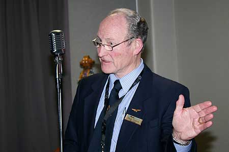 School of Aviation senior tutor Hugh Francis speaks to guests at the Royal Aeronautical Society dinner after receiving his meritorious award for long and dedicated service.