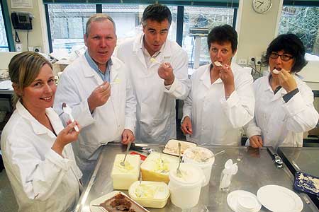 New Zealand Ice Cream Awards judges (from left) Michelle Sinclair, Craig Davis, Aaron Pooch, Kay McMath and Joanna Boese at Massey University's Albany campus, tasting entries in the 2012 New Zealand Ice Cream Awards.