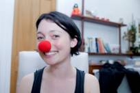 Actress Antonia Prebble wearing a red nose