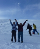 Joyful skiers celebrate the snow at Roundhill Ski Field, in the Mt Cook - Mackenzie region