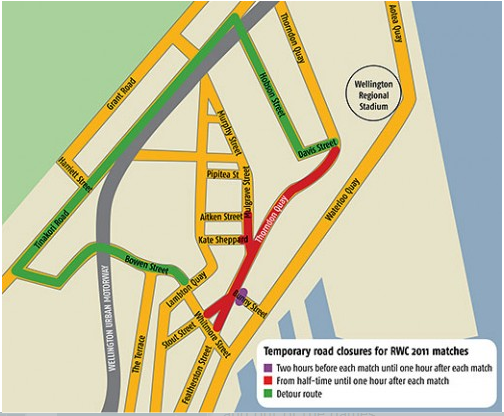 Temporary road closures in Wellington for RWC 2011 matches.