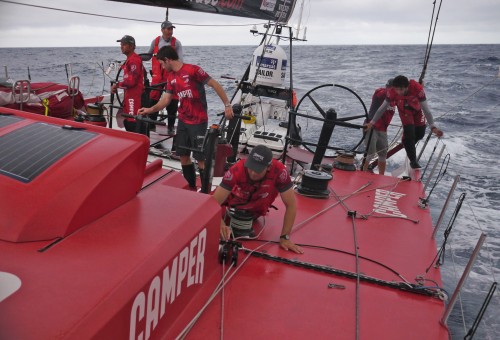 Action Stations - the crew of CAMPER set up for a sail change.