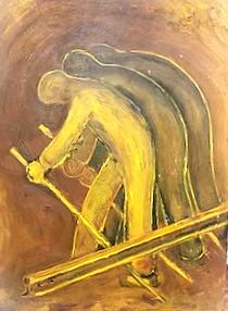 'Working on the Rail Line' by Nardus van de Ven, oils on wooden board