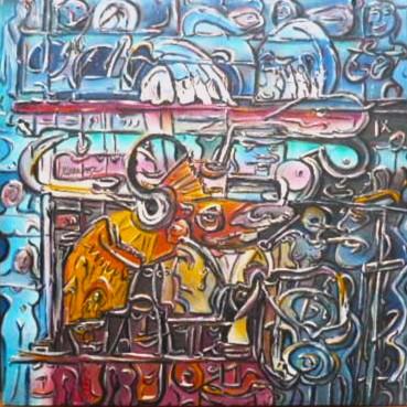 'Modern Travel' acrylics on canvas by Leon Aarts, 750mm x 750mm
