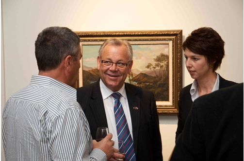 Mayor Alistair Sowman, in conversation with Rangitane o Wairau's Richard Bradley at the Art Marlborough-Toi Wairau exhibition at the Millennium Art Gallery.
