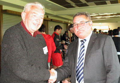 Assets and Services chairman Graeme Taylor and Gavin Roberts, the patron of the South Island junior football tournament that has been played on Marlborough sports fields for the last 39 years.