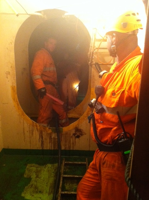 Below Rena's decks, salvors are working to access the starboard 5 tank to pump the ship's remaining fuel oil. 
