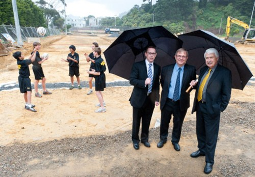 Board of Trustees Chair Neil Quigley, Principal Roger Moses and Councillor John Morrison on site