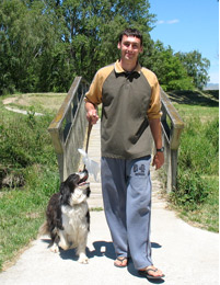 Councillor Jamie Arbuckle takes family dog Bosco for a walk on the Taylor River Reserve; the riverbank, from Hutcheson Street Bridge to the Ben Morven Road Mountain Bike Track, is one of six designated dog exercise area within Blenheim's urban area.