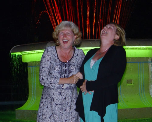 Lyndsey and Sharon Starkey beside the Tom Parker Fountain, winners of the Sister City Competition.