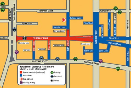 Map of Wellington road closures during the 2012 Hertz Rugby Sevens tournament.